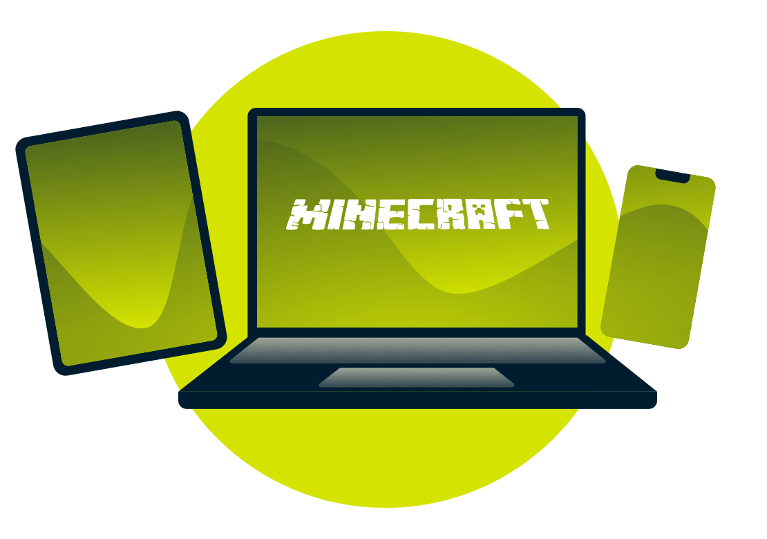 Allerlei apparaten met het Minecraft logo.