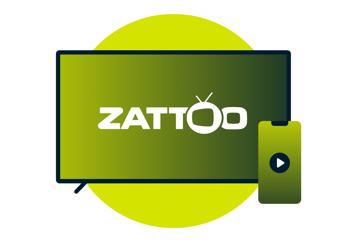 Zattooのロゴが入ったノートパソコンと携帯電話。