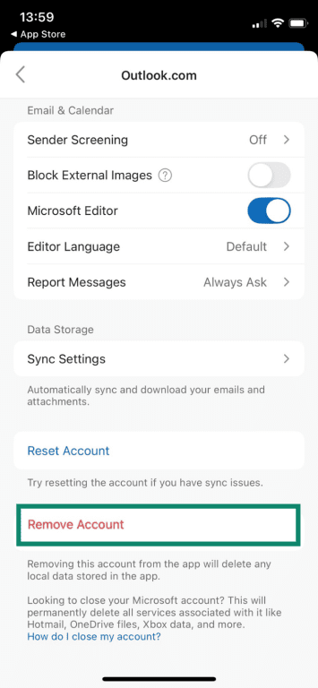Removing Outlook on iPhone.